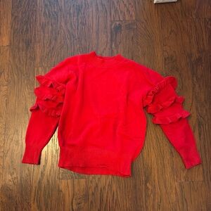 Red crew neck sweater with ruffle sleeves